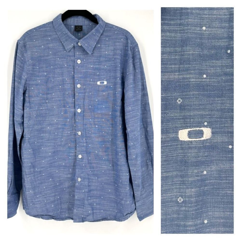 Oakley Men’s Cotton Collared Long Sleeve Button-Down Shirt Blue Small Chambray